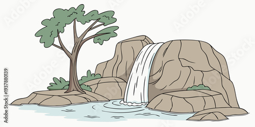 A waterfall cascading down a rocky hillside beside a tree Vector