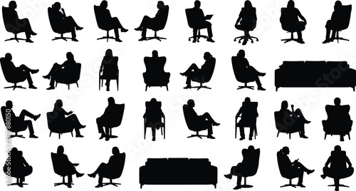 people sitting silhouettes set, relaxing chair poses collection, men women lounge positions, sofa armchair figures, black vector illustration