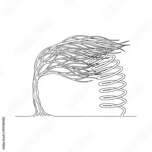 Windblown tree bending under strong gusts with swirling spiral pattern illustrating nature's resilience in minimalist sketch style