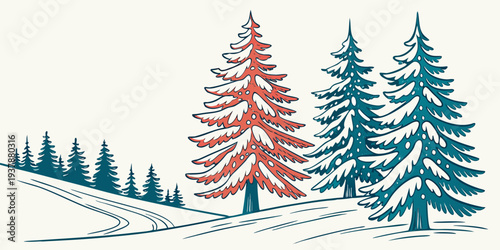 A snowy landscape with pine trees in winter Vector