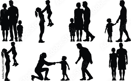 Family silhouettes collection with parents and children in loving poses isolated on white background, parenting, childhood and happy family relationship concept