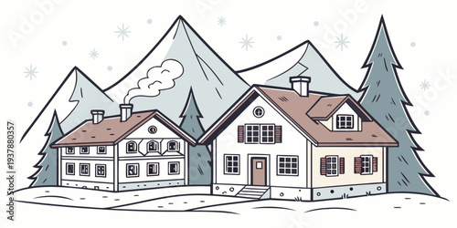 A house in the mountains with snow on the ground and trees around it Vector