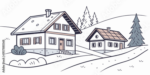 A house and a smaller building in a snowy landscape Vector