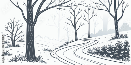 A winding road through a snowy landscape with trees Vector