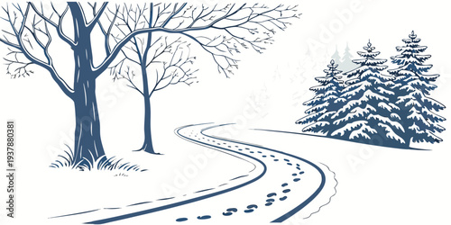 A serene winter scene with a winding path Vector
