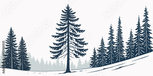 A serene winter landscape with pine trees on a snowy hill Vector