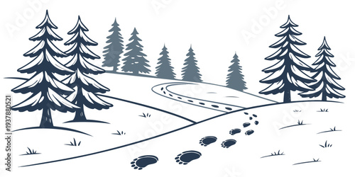 A snowy landscape with pine trees and animal tracks Vector