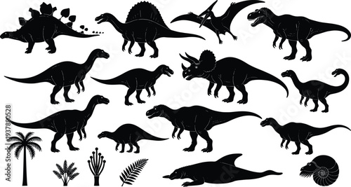 Silhouettes of diverse prehistoric dinosaurs, marine reptiles, ammonite fossils, and ancient plants including ferns and palm trees, educational 