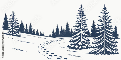 A serene winter landscape with snow covered trees and a winding path Vector
