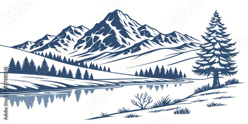A serene winter landscape with a mountain range Vector