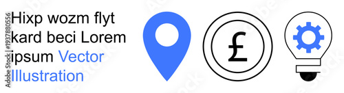 Business innovation, financial planning, location services, technology, creative solutions, process improvement. Blue pin, pound symbol light bulb with gear. Business innovation and financial