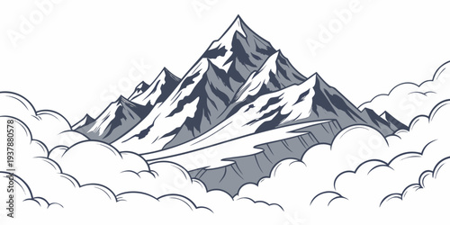 A majestic snow capped mountain peak rising above the clouds Vector