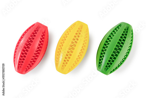 Tableau sur toile three rubber dog toy ball ellipsoid shape with textured ridges and hollow center