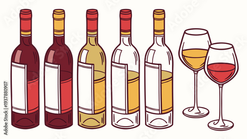 Vector illustration of Set of Red and White Wine Bottles and Glasses, Simple Vector Illustration