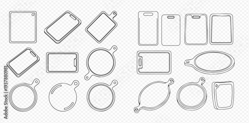 Set of transparent plastic bag mockups, various shapes for packaging products, isolated on a checkered background.