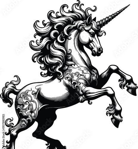 Elegant black and white woodcut style unicorn illustration with flowing mane and spiraled horn rearing up on white background for mystical mythological design projects.