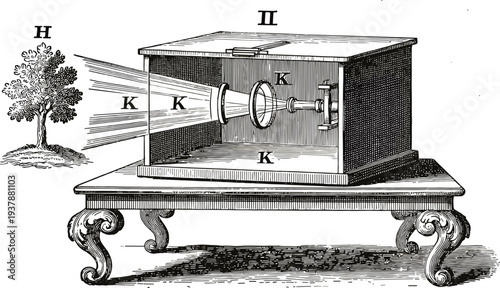 Vintage antique engraving illustration of a camera obscura showing light rays from a tree passing through lenses to project an inverted image inside.