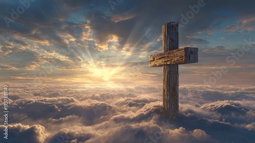 3D render of a weathered wooden cross rising above soft clouds at sunrise in a tranquil sky scene