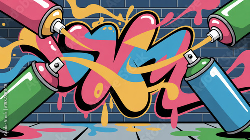 Vibrant graffiti spray cans creating colorful street art on urban brick wall background with splashes