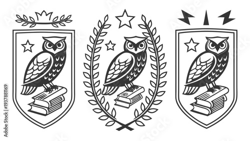 Vector illustration of Wise Owl Emblems on Books, Laurel Wreaths, Stars, Black and White