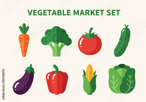 Illustration of eight stylized vegetables carrot broccoli tomato cucumber eggplant pepper corn and cabbage