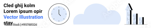 Business growth, data analysis, productivity, time tracking, cloud computing, performance metrics. A clock, cloud and upward bar graph are displayed. Business growth and data analysis concept