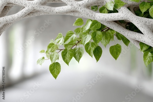 Close-up view of a white decorative tree structure with fresh green ivy leaves, creating a natural and contemporary design element with a clean background.