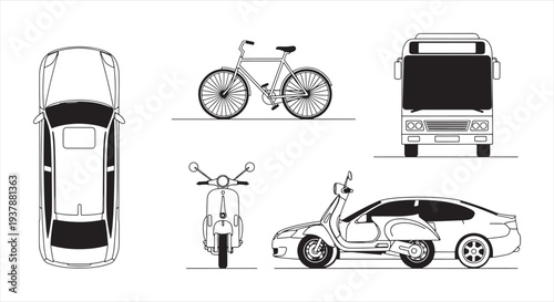 Vehicle blueprint set with car top view, bicycle, bus front, scooter front and sports car side, vector