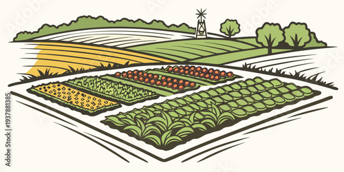 An illustration of a garden with multiple plots of land Vector