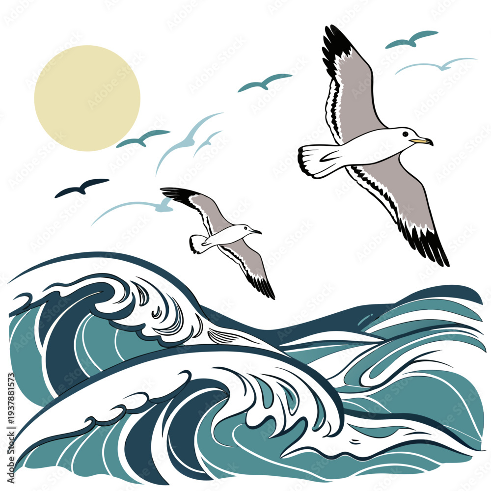 Fototapeta premium Seagulls flying over a large wave by the sun Vector