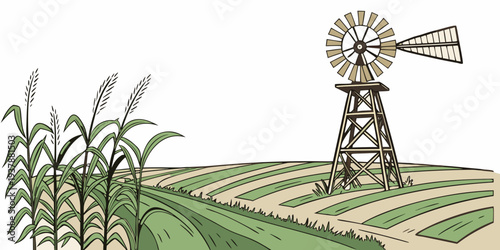 A windmill standing tall in a field of corn and rows of crops Vector