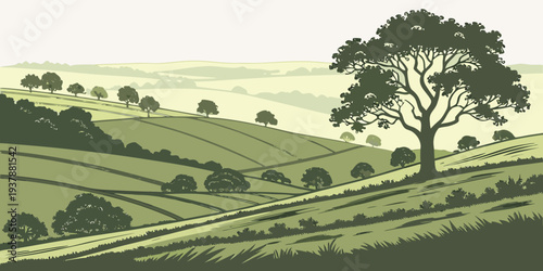 A green landscape with a tree on a hill Vector