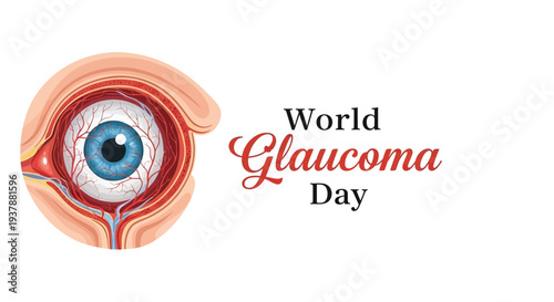 Illustration of a human eye with World Glaucoma Day text in a design promoting eye health awareness and glaucoma prevention.