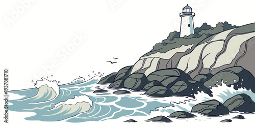A pixel art lighthouse on a rocky coastline Vector