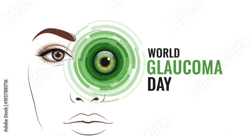 Illustration of a woman's face with a green glaucoma awareness symbol over her eye, promoting World Glaucoma Day on a white background with a vision health concept.
