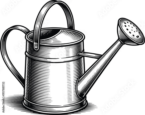 Vintage metal watering can illustration with classic rose spout and dual handles, hand drawn engraved style vector isolated on white for gardening and horticulture design.