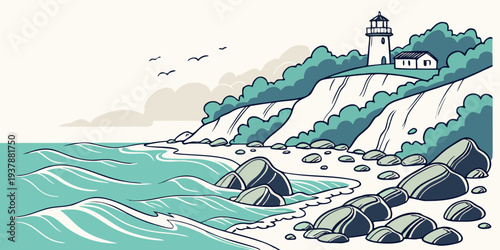 A serene coastal scene with a lighthouse on a cliffside Vector