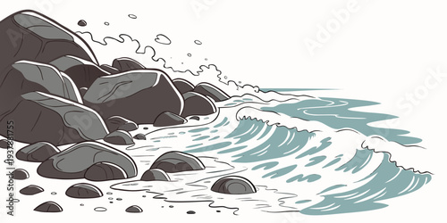 A wave crashing against rocks on a shoreline Vector