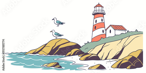 A lighthouse on a rocky cliff with a bird flying overhead Vector