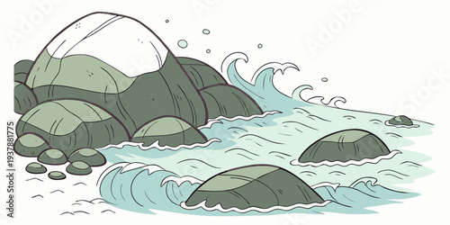 A rocky shoreline with waves crashing against the rocks Vector
