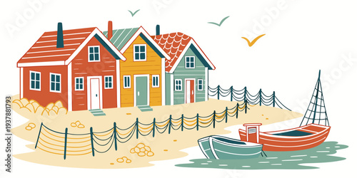Colorful houses by the beach with a boat Vector