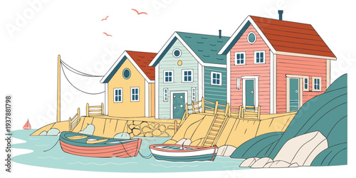 A small coastal town with colorful houses and boats Vector