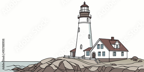 A white lighthouse on a rocky coastline Vector
