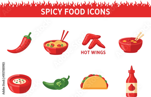 Illustration of spicy food icons chili noodles hot wings soup jalapeno taco sauce