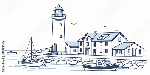 A lighthouse on a rocky coastline with a sailboat Vector