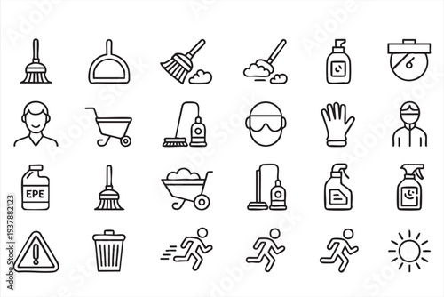Minimal Cleaning And Janitor Service Equipment Line Icon Set For Maintenance And Hygiene