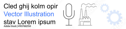 Industry, automation, manufacturing, voice technology, communication, product design. Microphone, factory and gears alongside text. Industry and automation concept