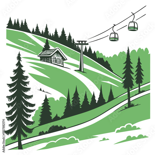 A green hillside with a ski lift and trees Vector