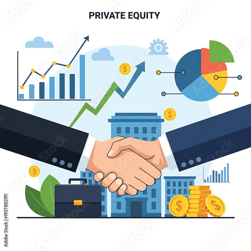 Private equity deal visualized with handshake growth charts and financial elements