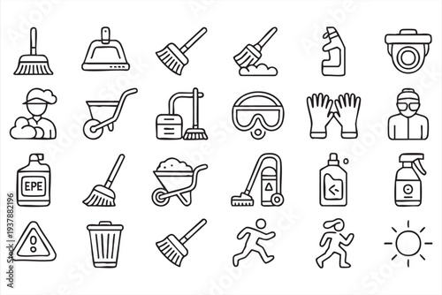 Professional Housekeeping And Sanitation Outline Icons With Cleaning Tools And PPE